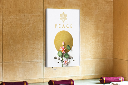 Printed silicon edge graphic on display in a yoga studio