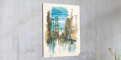 A cityscape printed artwork hanging on a wall