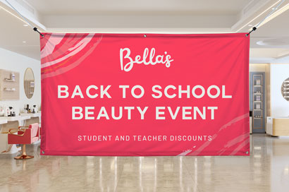 Vibrant beauty event printed fabric banner hanging in a beauty shop