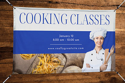 printed banner advertising an upcoming cooking class at a restaurant